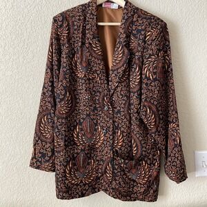 Vintage 90's Lady Sansabelt Brown Geometric Blazer Jacket Sz 12 Large